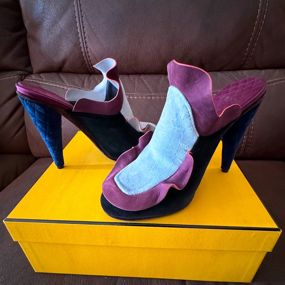 Fendi Multicolor Velvet and Nubuck Leather Waves Ruffled  Mules